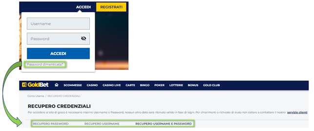 Schermata della dashboard GoldBet dopo il login, che mostra menu e giochi